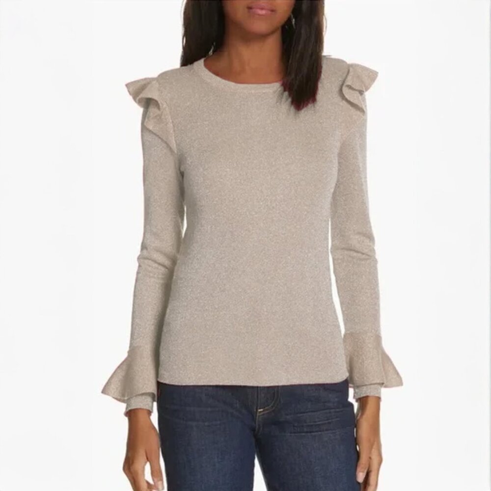 Alice + Olivia Mittie Gold Metallic Ruffle Sweater Size M